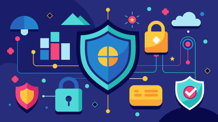 cute and playful cyber security background featuring adorable icons and characters that represent safety and protection in a fun, kawaii cartoon style.のイラスト素材