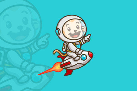 A kawaii and cute cartoon illustration of a charming monkey astronaut flying through space on a rocketのイラスト素材