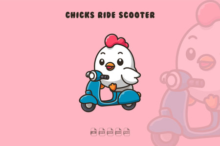 A charming style chick happily rides a retro scooter, capturing the essence of cute, playful, and nostalgic cartoon vibesのイラスト素材