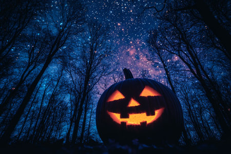 Halloween Pumpkin Silhouette with Trees and Stars in the Night Skyの素材