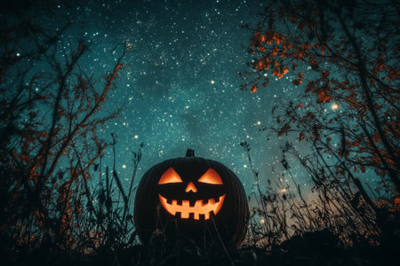 Halloween Pumpkin Silhouette with Trees and Stars in the Night Skyの素材