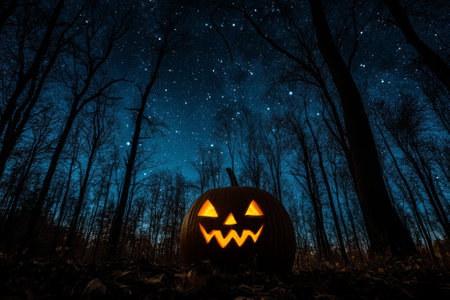 Halloween Pumpkin Silhouette with Trees and Stars in the Night Skyの素材