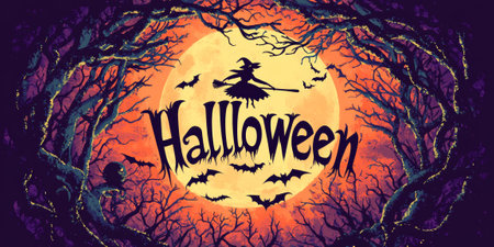 Halloween-Themed Horizontal Banner Featuring Spooky Elementsの素材