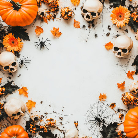 Halloween Background Composition with Dry Leaves Pumpkins and Flowersの素材