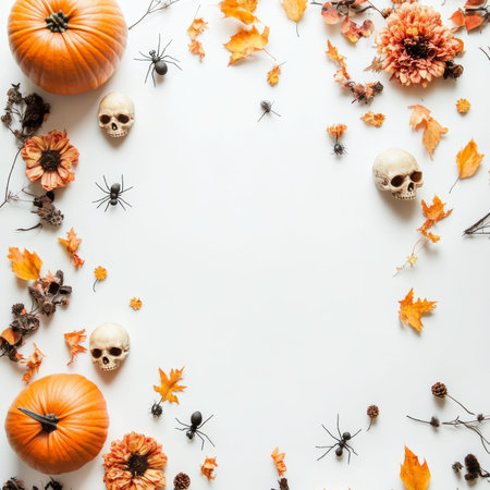 Halloween Background Composition with Dry Leaves Pumpkins and Flowersの素材