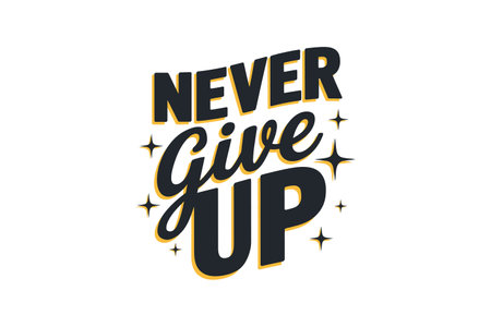 This vibrant typography illustration features the empowering phrase "Never Give Up." With dynamic fonts and bold colors, it serves as a daily reminder to stay persistent and resilient in the face of challenges.のイラスト素材