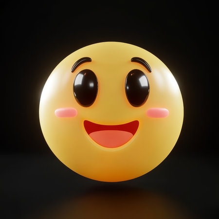 3D Smiling Emoji with Blushing Cheeks and Big Eyes on Black Backgroundの素材