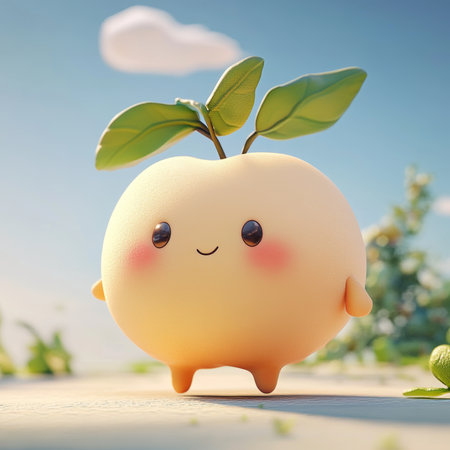 Adorable Smiling Peach with Leaves on Blue Backgroundの素材