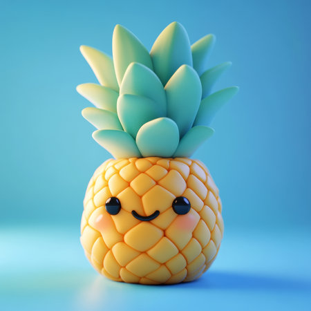 Adorable Smiling Pineapple with Green Leaves on Blue Backgroundの素材