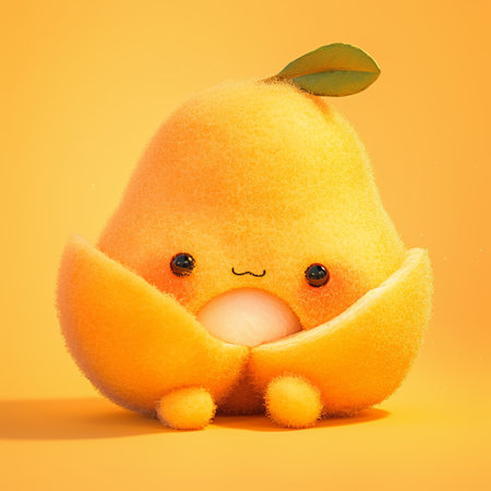 Adorable Pear Character with Cute Eyes in a Soft Yellow Glowの素材