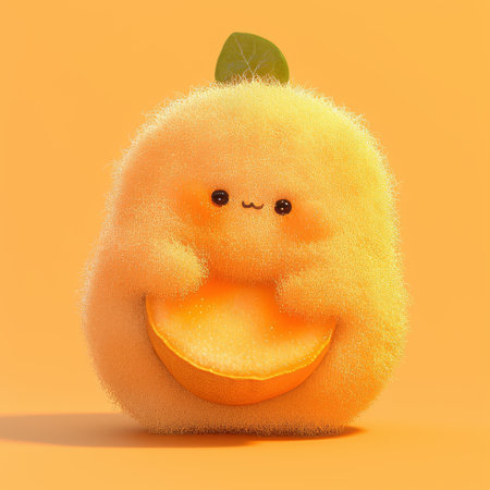 Adorable Pear Character with Cute Eyes in a Soft Yellow Glowの素材