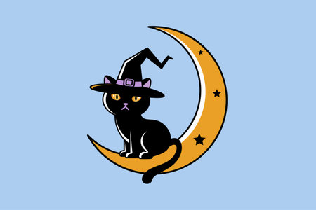 A whimsical illustration of a cute black cat wearing a witch hat, perched on a crescent moon. Surrounded by twinkling stars, it creates a magical atmosphere, perfect for a cozy nightのイラスト素材