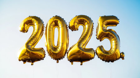 Golden 2025 Helium Balloons Against Clear Blue Skyの素材