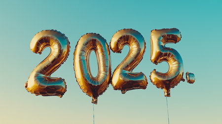 Golden 2025 Helium Balloons Against Clear Blue Skyの素材