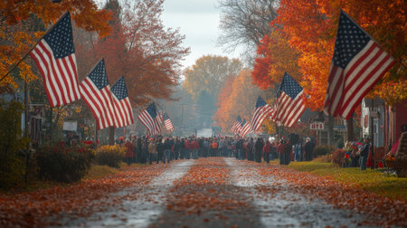 Parade of People Carrying American Flags in a Patriotic Celebrationの素材