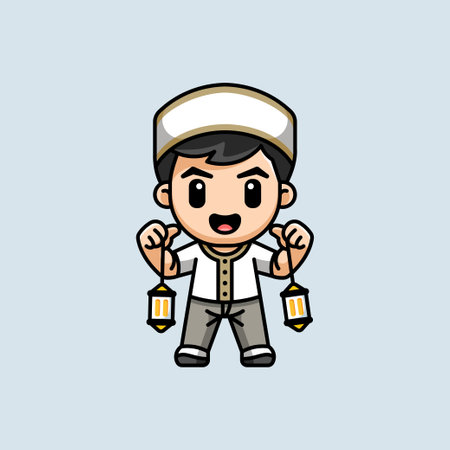 A cheerful Muslim boy wearing a taqiyah holds two lanterns, symbolizing Ramadan and Eid. This cute cartoon illustration represents Islamic traditions, joy, and festivity in a colorful and adorable styleのイラスト素材