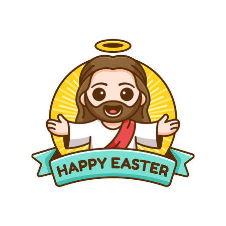 A charming cartoon-style illustration of Jesus with a glowing halo, open arms, and a cheerful "Happy Easter" banner. Perfect for Easter greetings, religious celebrations, and holiday decorationsのイラスト素材