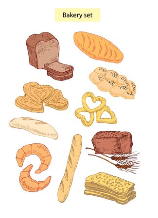 bakery food set hand drawn illustrationsのイラスト素材