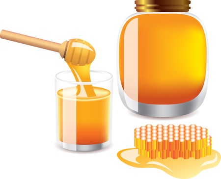 glass of honey, bank of honey, wooden honey dipper and honeycomb   isolated on white photo-realistic vector illustrationのイラスト素材