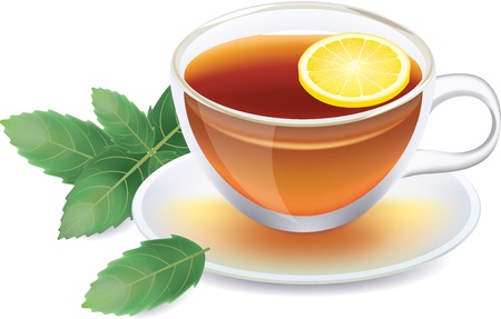 transparent cup of black tea with lemon and mint isolated on white photo-realistic vector illustrationのイラスト素材