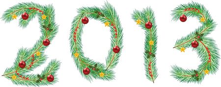 2013 inscription of decorated fir-tree branches photo-realistic illustrationのイラスト素材