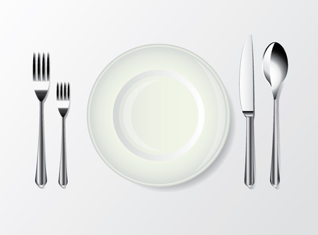 white plate, spoon, fork and knife photo-realistic vectorのイラスト素材