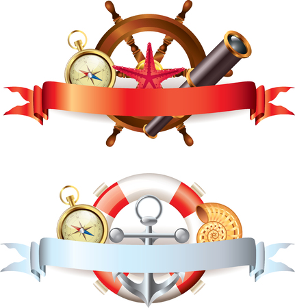 Two compositions with marine items and empty ribbon banners for your textのイラスト素材