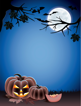 Halloween background with pumpkins on dark grass, bats, tree branches and moonのイラスト素材