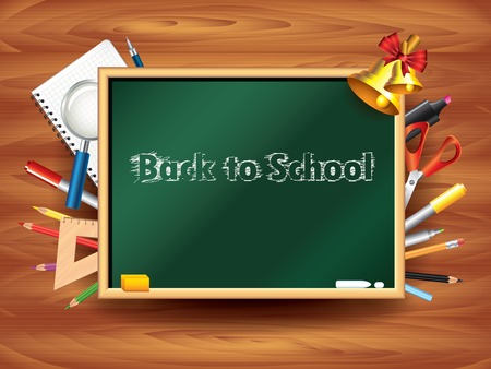 Back to school background: board and tools on wooden wall illustrationのイラスト素材