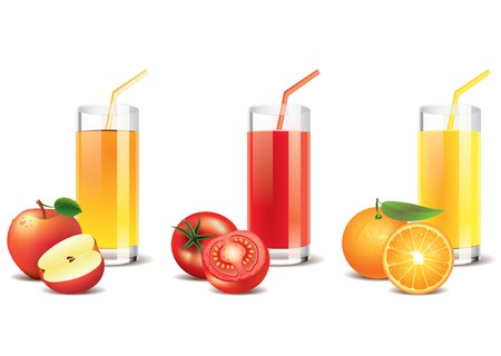 Apple, tomato and orange juice in a glasses, isolated on whiteのイラスト素材