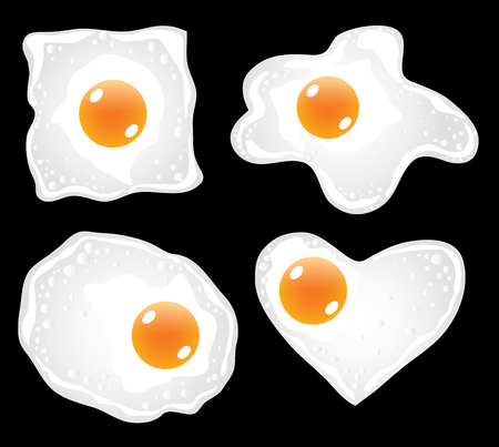 Fried eggs in different forms on black background vector setのイラスト素材