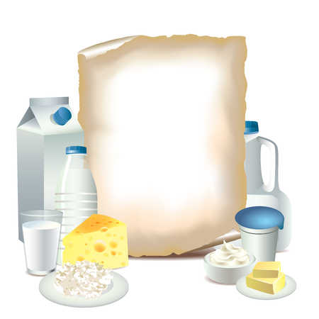 Dairy products and sheet of paper vector illustrationのイラスト素材