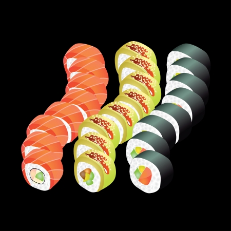 Three types of sushi rolls on black backgroundのイラスト素材