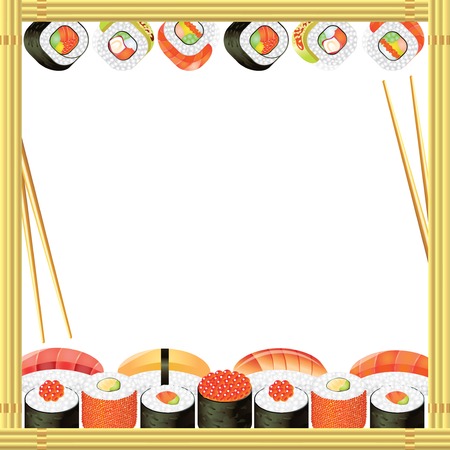 Sushi frame with rolls, bamboo mat and chopsticksのイラスト素材
