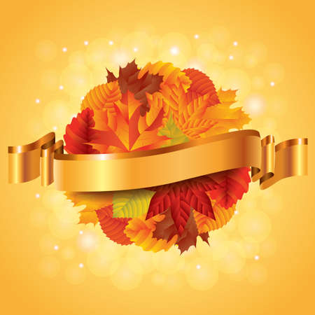 Autumn poster with sphere from leaves and ribbon for messageのイラスト素材