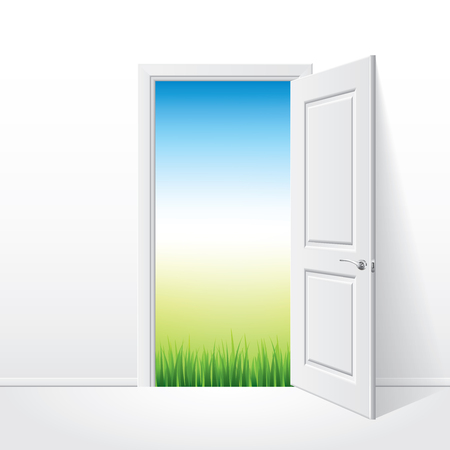 Opened white door and nature behind photo-realistic vector illustrationのイラスト素材