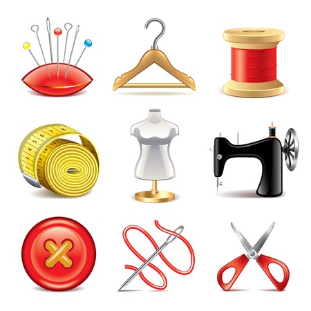 Sewing equipment icons detailed photo-realistic vector setのイラスト素材