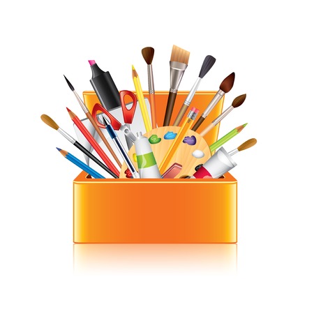Art supplies box isolated on white photo-realistic vector illustrationのイラスト素材