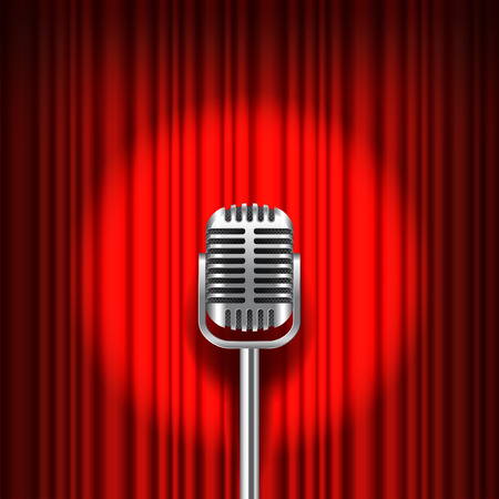 Red curtain and stage with microphone realistic vector backgroundのイラスト素材