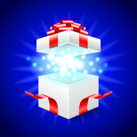 Opened gift box on blue realistic vector backgroundのイラスト素材