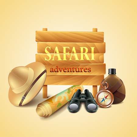 Safari Travel Accessories Photo Realistic Vector Backgroundのイラスト 素材 ストックフォト 写真素材のstock Foto ストックドットフォト