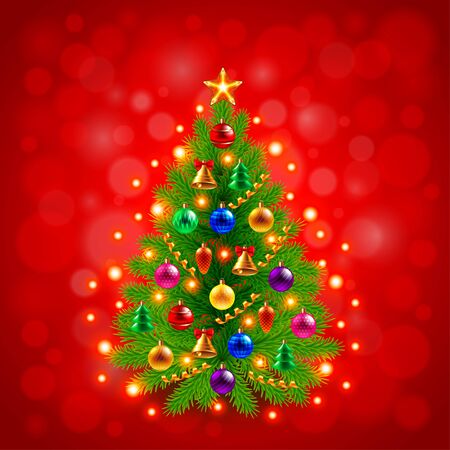 Green decorated Christmas tree on red background realistic vectorのイラスト素材