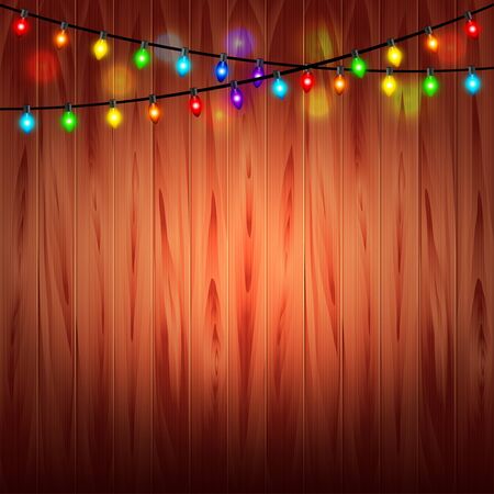 Christmas lights on wood background realistic vectorのイラスト素材