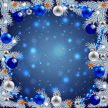 White decorated Christmas tree branches around night background realistic vectorのイラスト素材