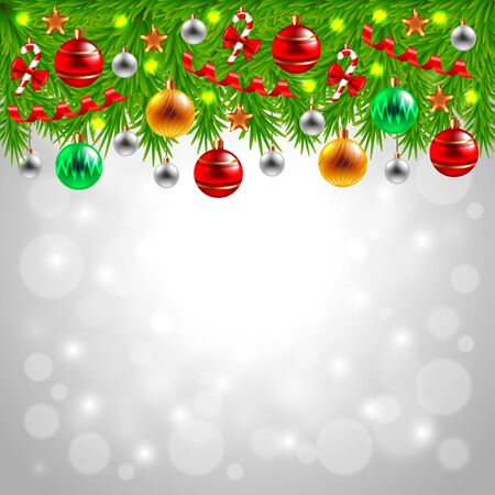 Decorated Christmas tree branches on top of snowy background realistic vectorのイラスト素材