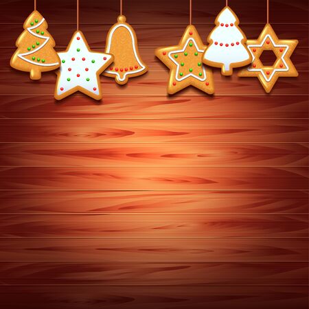 Christmas cookies on wood background realistic vectorのイラスト素材