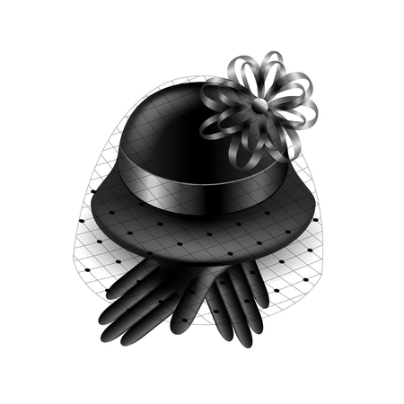 Womans black hat with veil and gloves isolated vector illustrationのイラスト素材