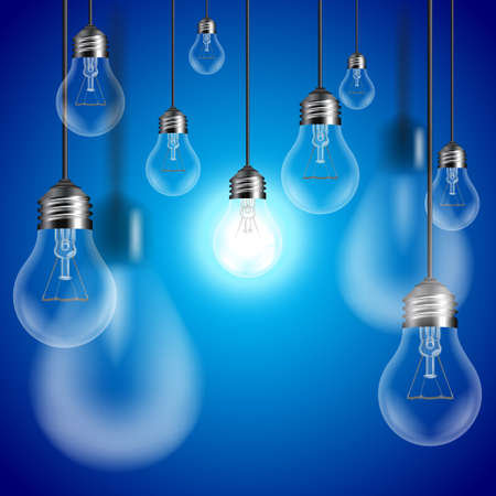 Light bulbs on blue background, central bulb is glowing vectorのイラスト素材