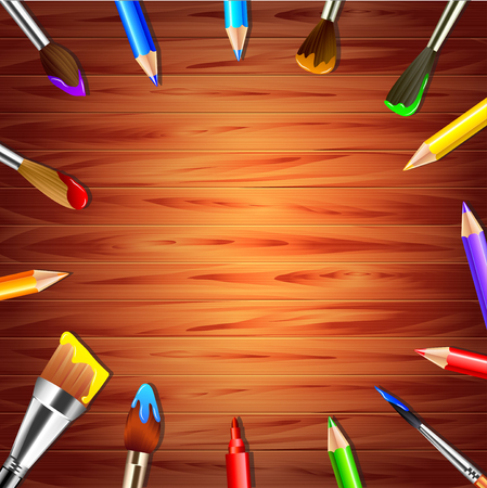Paint brushes and pencils on wooden background vectorのイラスト素材