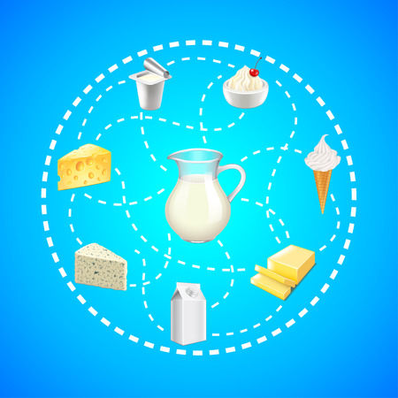 Dairy products in dashed lines circle on blue background vectorのイラスト素材